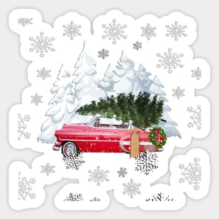 Country Christmas, Old Fashioned Red Vintage Car, Tree & Snowy Christmas Sticker